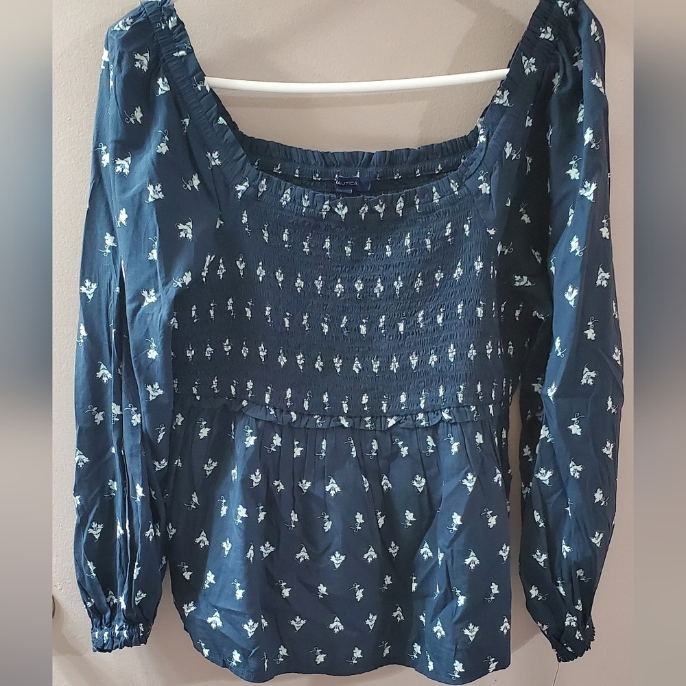 Nautica Navy Smocked Blouse with White Accents. NWT Sz M